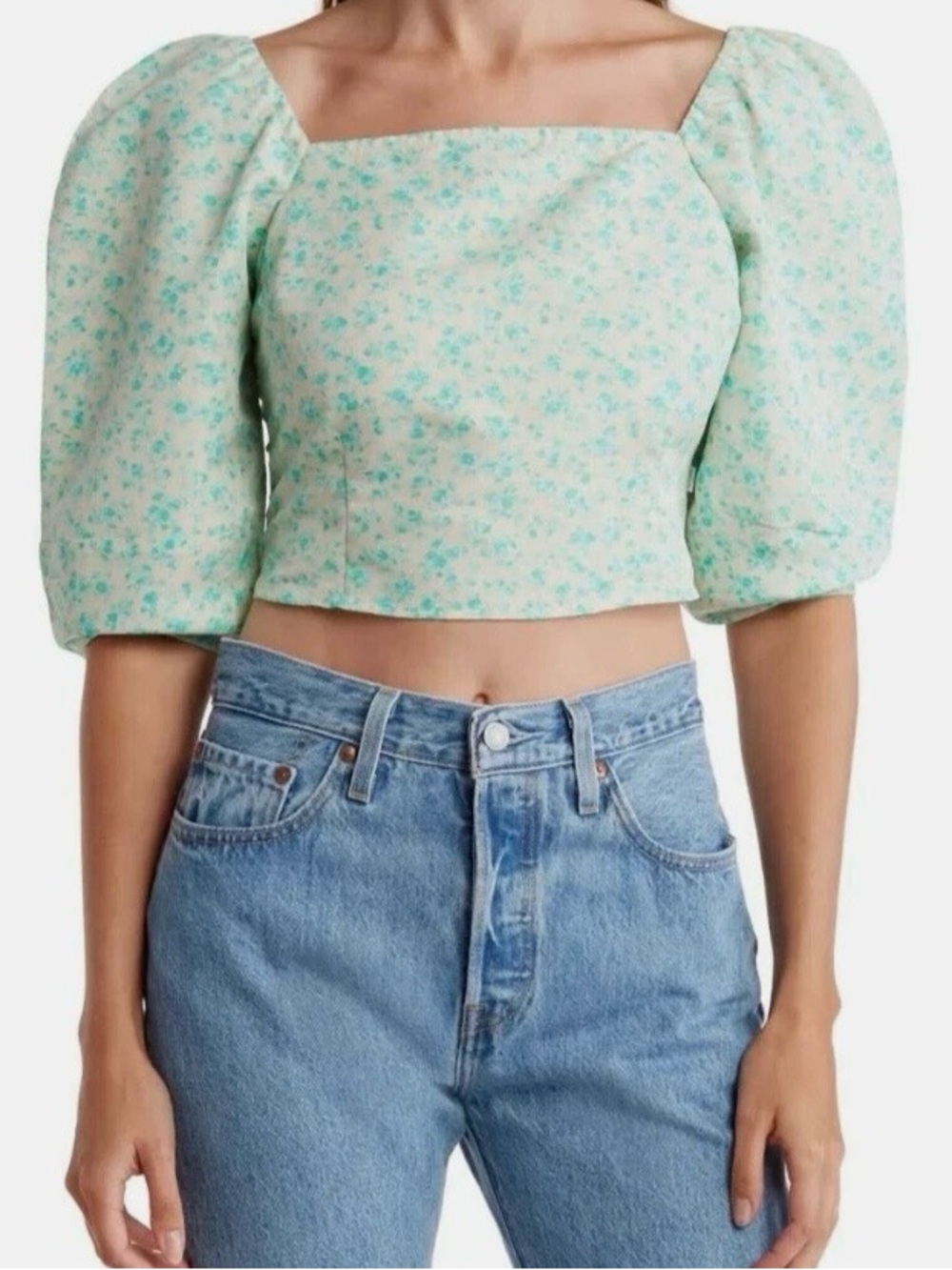 LEVI’S NWT Women's Yvie Puff 3/4 Sleeve Cropped Blouse Electric Green Floral